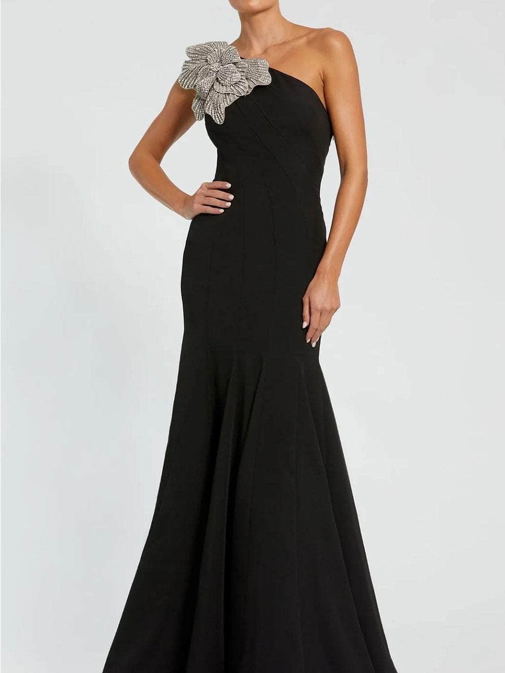 Mac Duggal Black One-Shoulder Gown With Silver Floral Accent